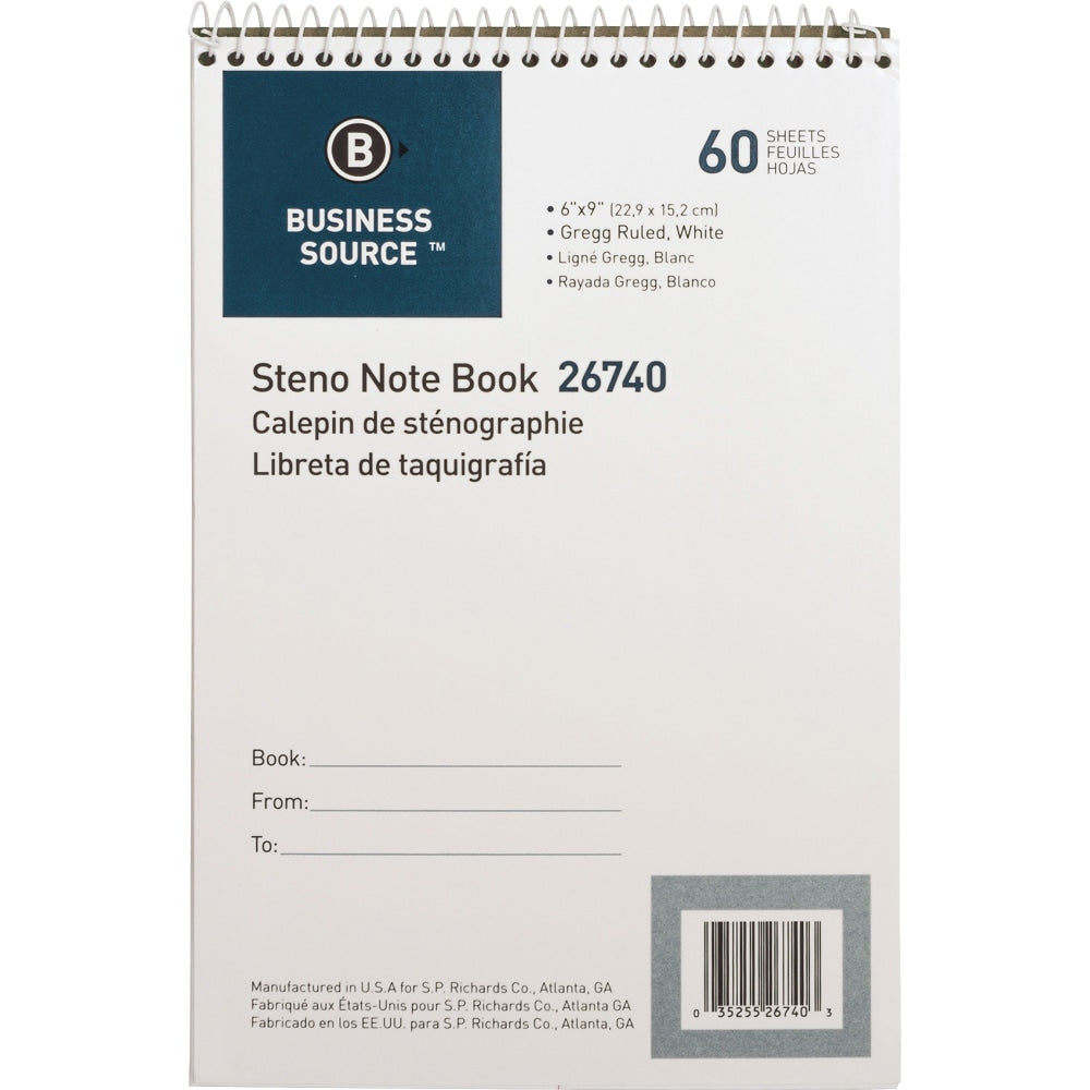 Business Source Steno Notebook - 60 Sheets - Wire Bound - Gregg Ruled Margin - 15 lb Basis Weight - 6in x 9in - White Paper - Stiff-back - 1 Each