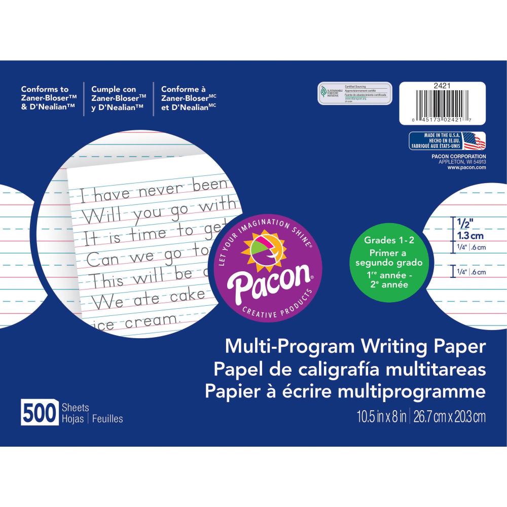 Pacon Multi-Program Handwriting Papers, Grade 1-2, 10 1/2in x 8in, Pack Of 500 Sheets