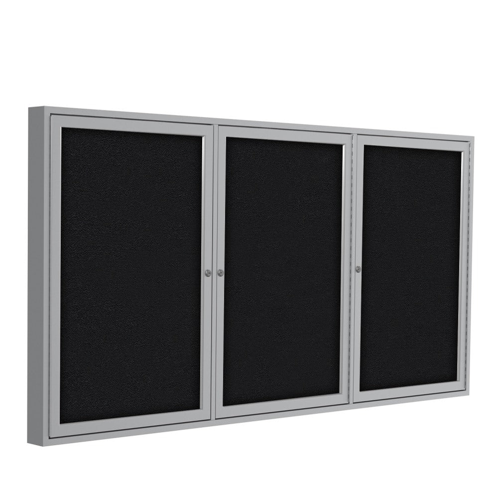 Ghent Traditional 3-Door Enclosed Fabric Bulletin Board, 48in x 96in, Black, Satin Aluminum Frame