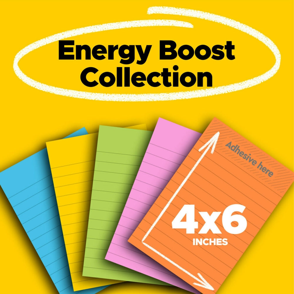 Post-it Super Sticky Notes, 4 in x 6 in, 5 Pads, 90 Sheets/Pad, 2x the Sticking Power, Energy Boost Collection, Lined