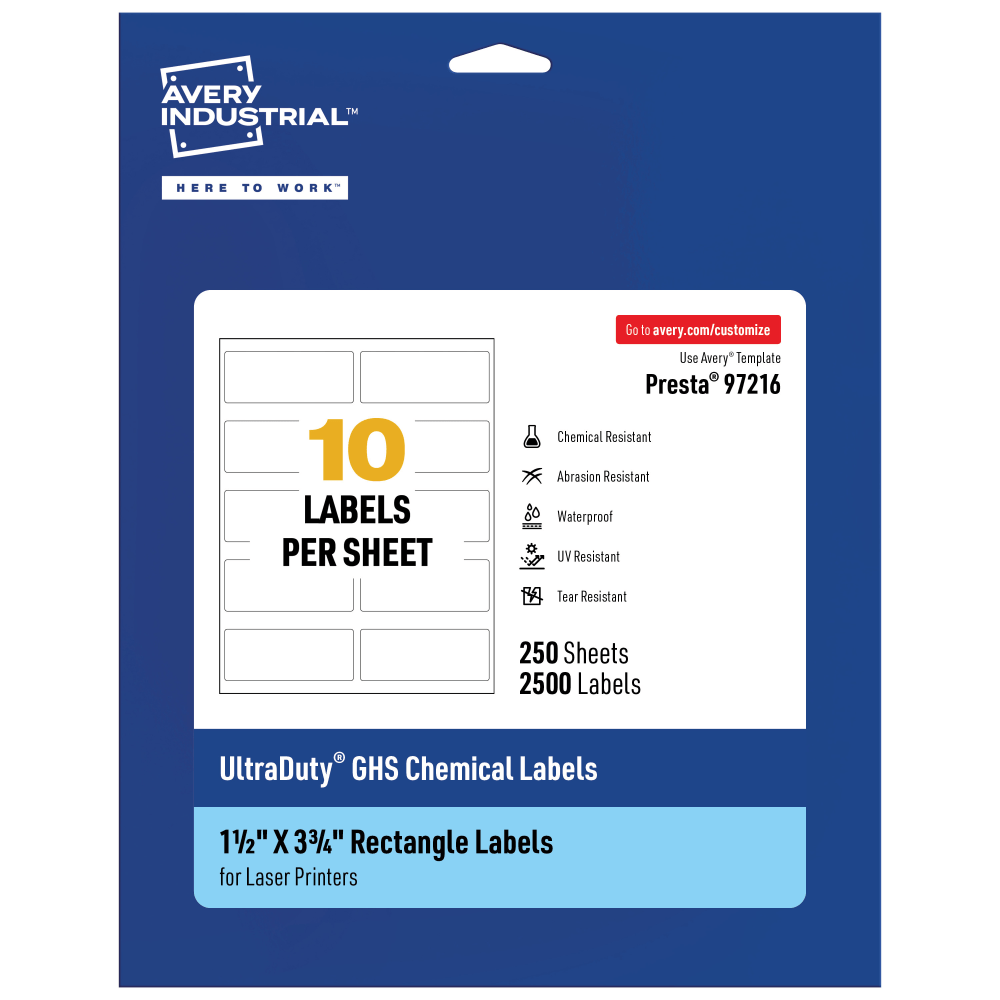 Avery Ultra Duty Permanent GHS Chemical Labels, 97216-WMU250, Rectangle, 1-1/2in x 3-3/4in, White, Pack Of 2,500