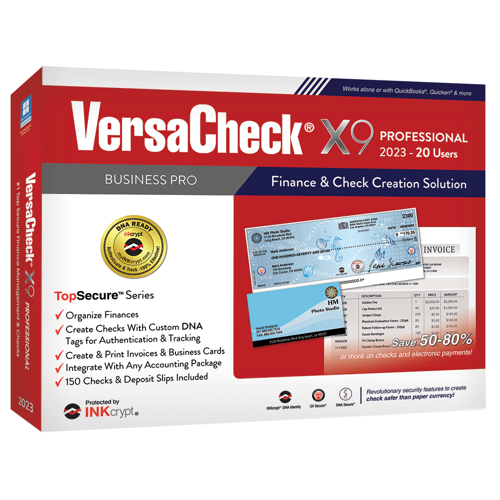 VersaCheck X9 INKcrypt Professional Software, 2023, For 20 Users, Windows 8.1/10/11, Disc/Product Key