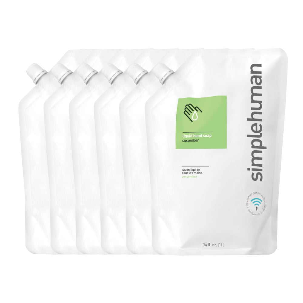 simplehuman Moisturizing Liquid Hand Soap, Cucumber, Scent, 34 Oz, Box Of 6 Pouches