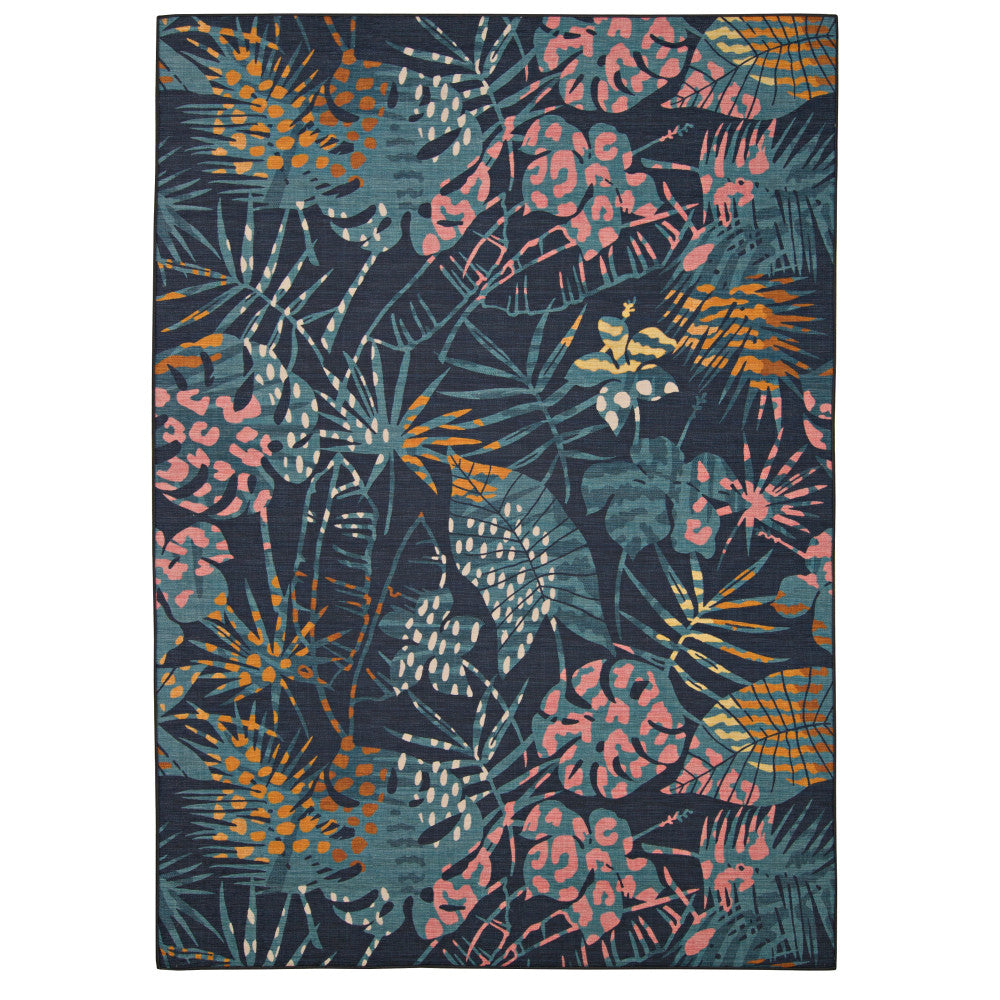 Linon Washable Outdoor Area Rug, Darcy, 7ft x 9ft, Navy/Gold