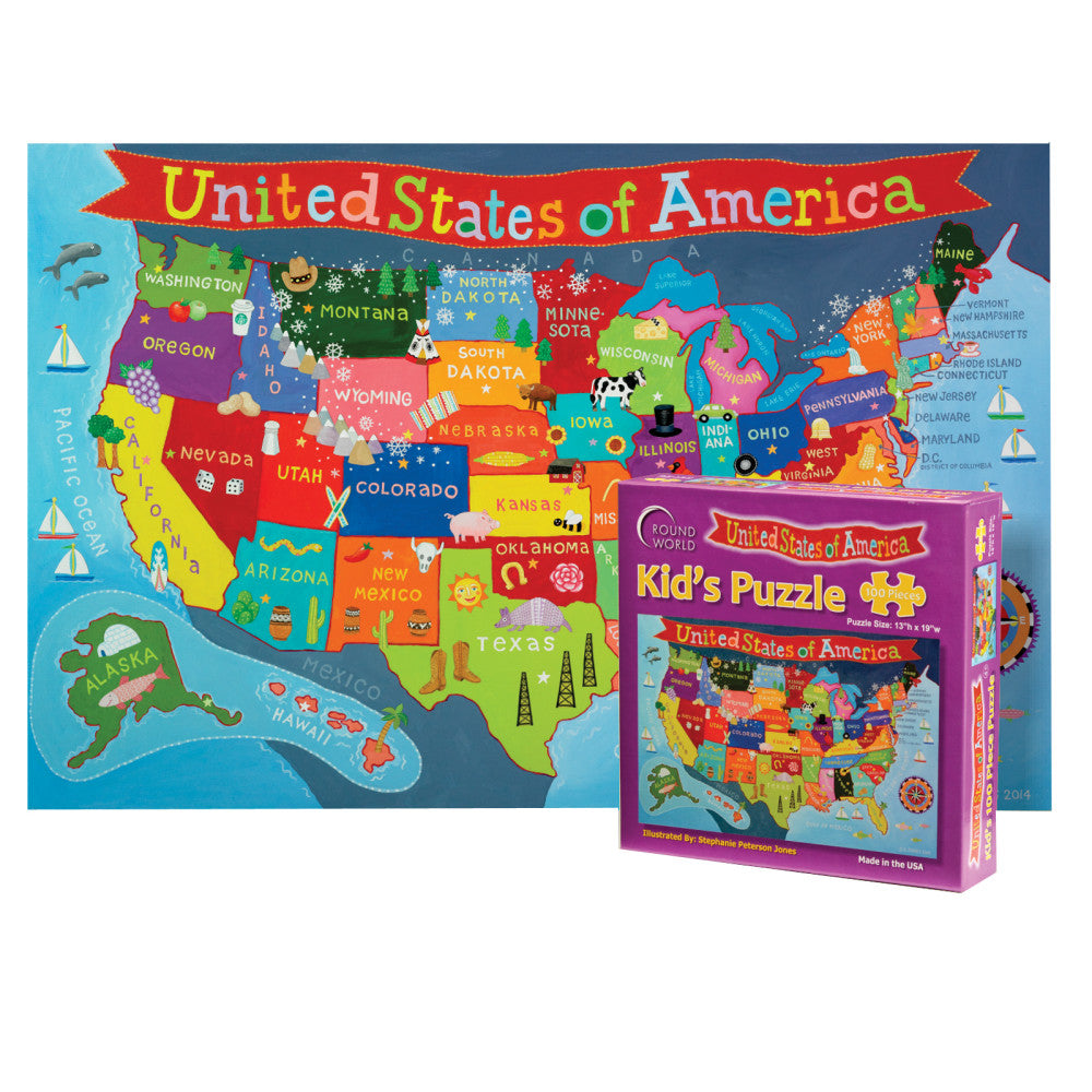 Round World Products Kids United States 100-Piece Jigsaw Puzzle, 13in x 19in