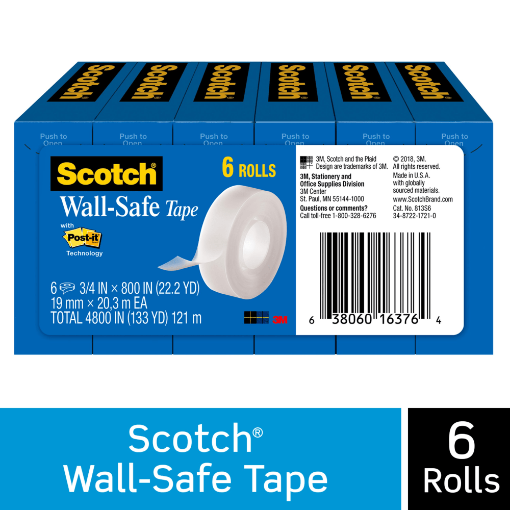 Scotch Wall-Safe Tape, 3/4in x 800in, Clear, Pack Of 6 Rolls