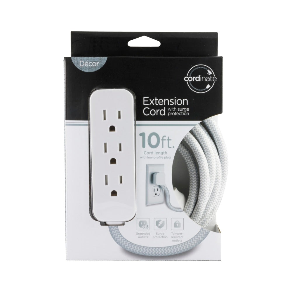 Cordinate Surge 3-Outlet 16 AWG Extension Cord, 10ft, Gray/White, 37914