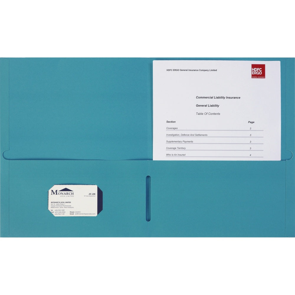 Business Source 8-1/2x11 Double Pocket Portfolio - Letter - 8 1/2in x 11in Sheet Size - 125 Sheet Capacity - 2 Inside Front & Back Pocket(s) - Paper Stock - Teal - 25 / Box