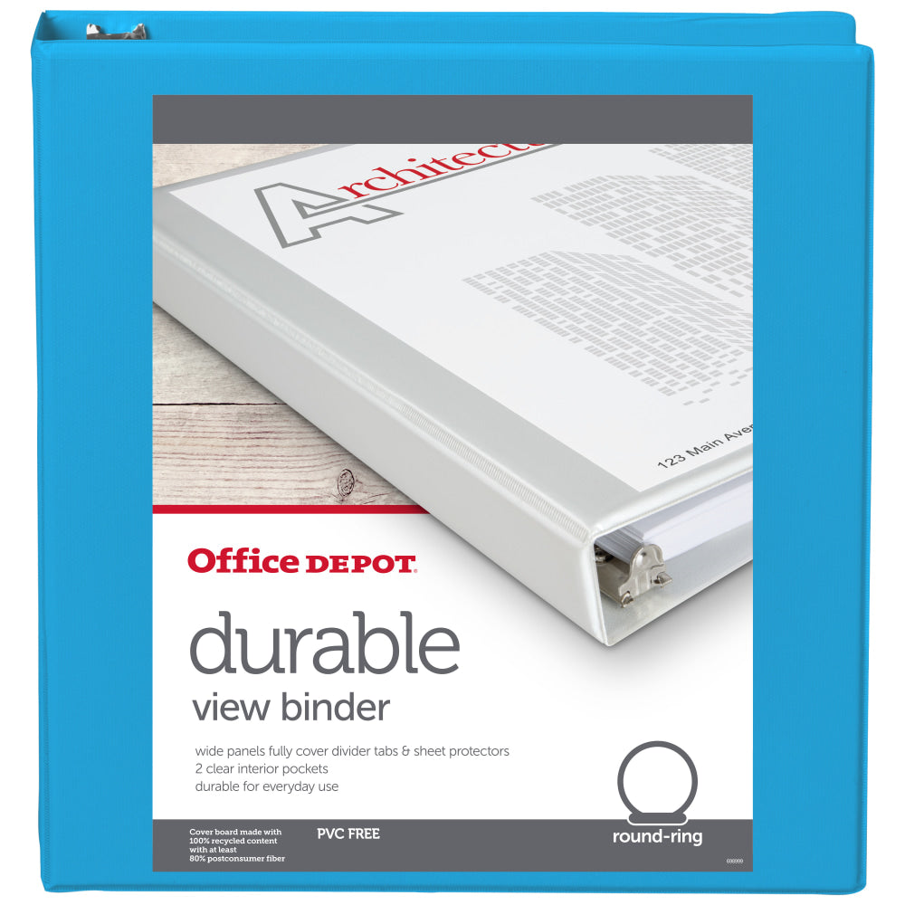 Office Depot Brand 49% Recycled Durable View Round-Ring Binders, 1-1/2in Round Rings, Blue