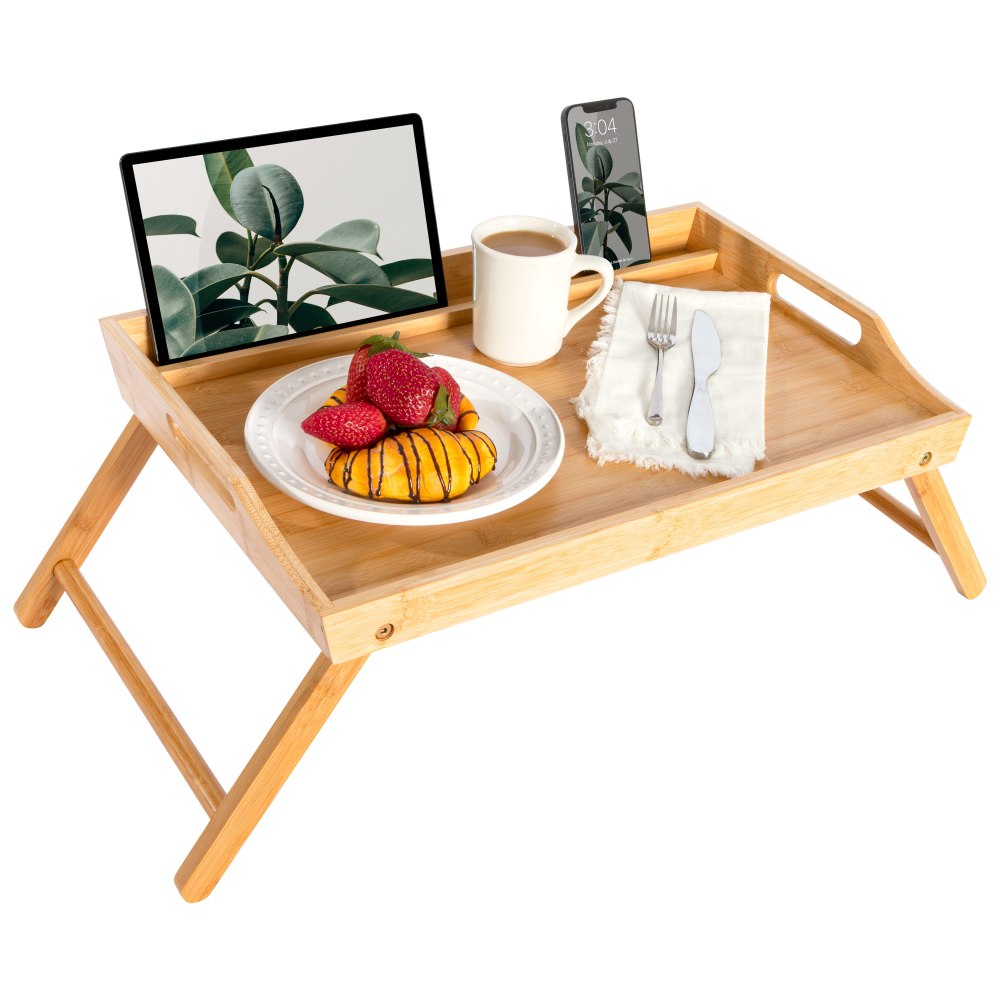 Rossie Home Media Bed Tray, 13.9inH x 21.8inW x 2.6inD, Natural Bamboo