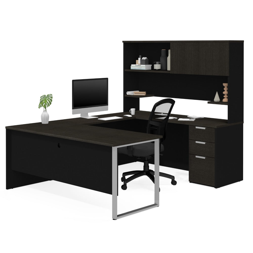 Bestar Pro-Concept Plus 72inW U-Shaped Executive Computer Desk With Pedestal And Hutch, Deep Gray/Black