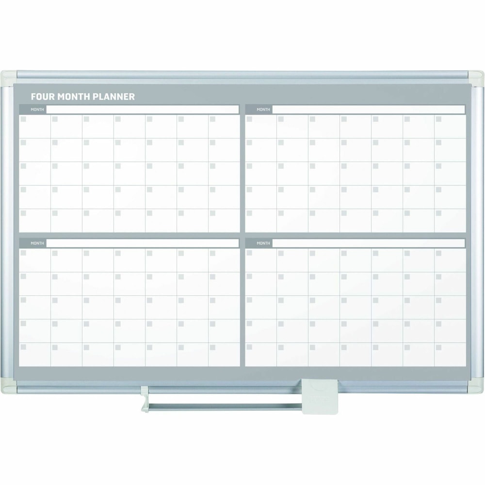 MasterVision 4-Month Magnetic Dry-Erase Planner - Monthly - 4 Month - Silver, White - Aluminum - 36in Height x 48in Width - Scratch Resistant, Ghost Resistant, Accessory Tray, Dry Erase Surface, Heavy Duty, Magnetic - 1 Each