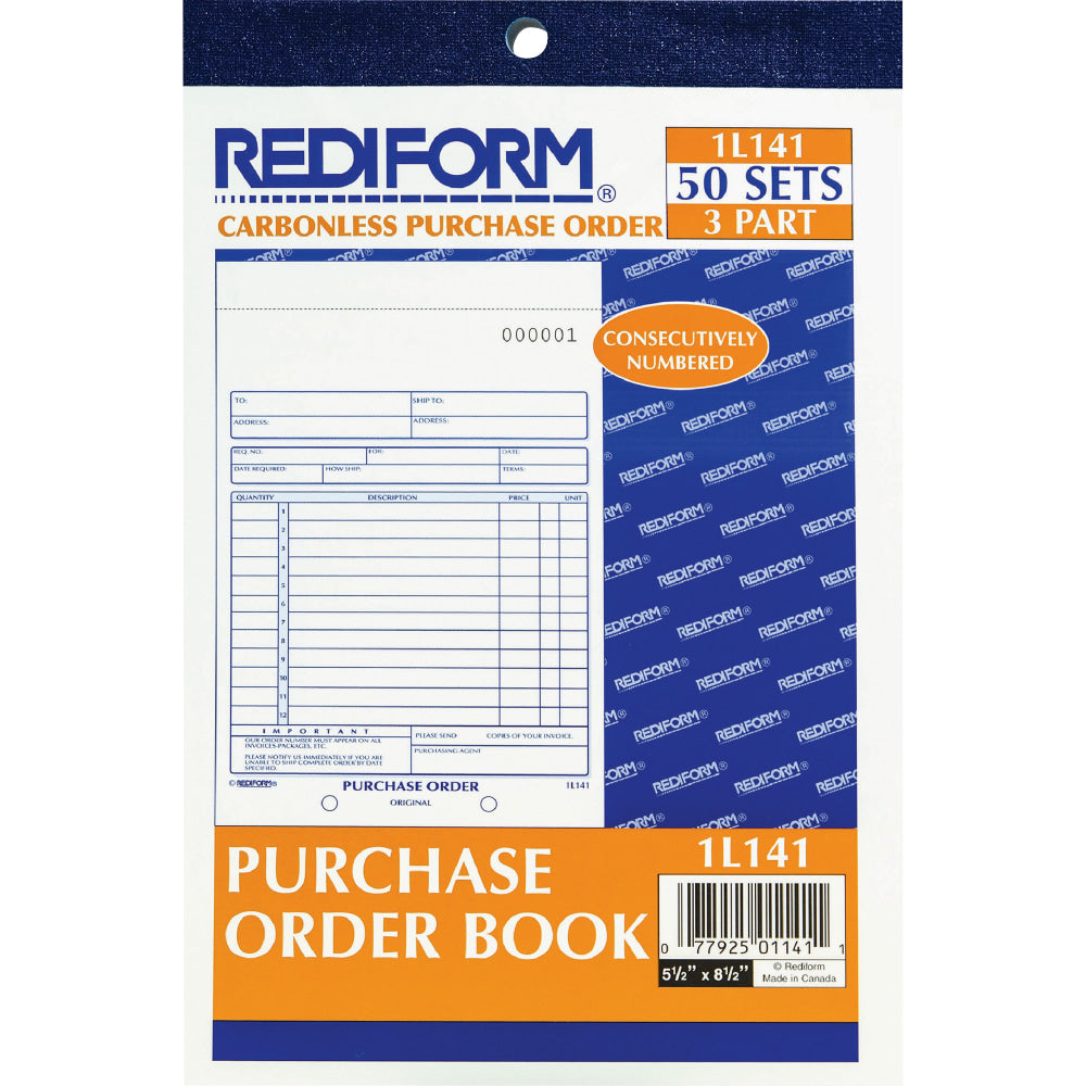 Rediform 3-Part Carbonless Purchase Order Book - 50 Sheet(s) - 3 PartCarbonless Copy - 5.50in x 7.87in Sheet Size - White, Canary, Pink - Blue Print Color - 1 Each