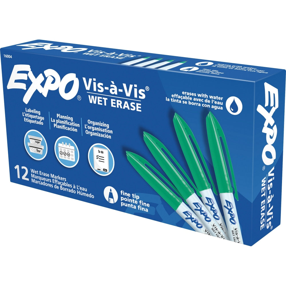 EXPO Vis-A-Vis Wet-Erase Fine-Tip Markers, Green, Box Of 12