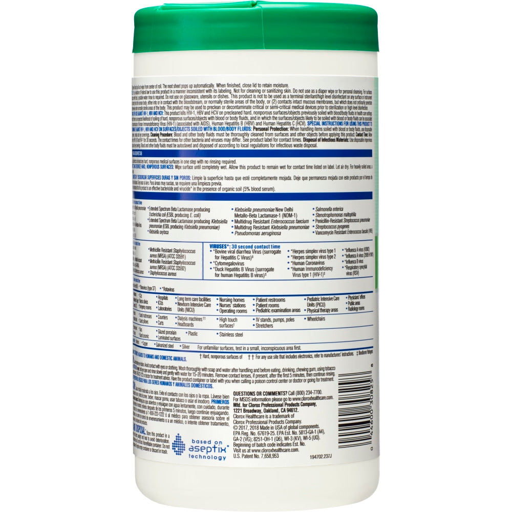 Clorox Healthcare Hydrogen Peroxide Disinfecting Wipes, 5 3/4in x 6 3/4in, Canister Of 155 Wipes