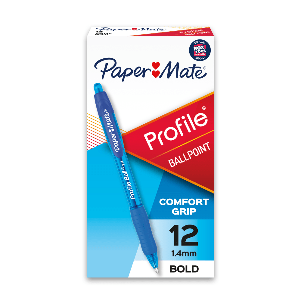 Paper Mate Profile Retractable Ballpoint Pens, Bold Point, 1.4 mm, Translucent Barrel, Blue Ink, Pack Of 12