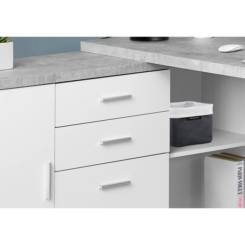 Monarch Specialties 71inW L-Shaped Corner Desk With Cabinet, Gray Cement/White