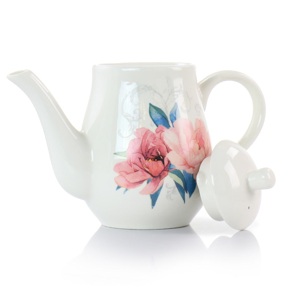 Martha Stewart Floral Ceramic Tea Pot, 1.4 Qt, White