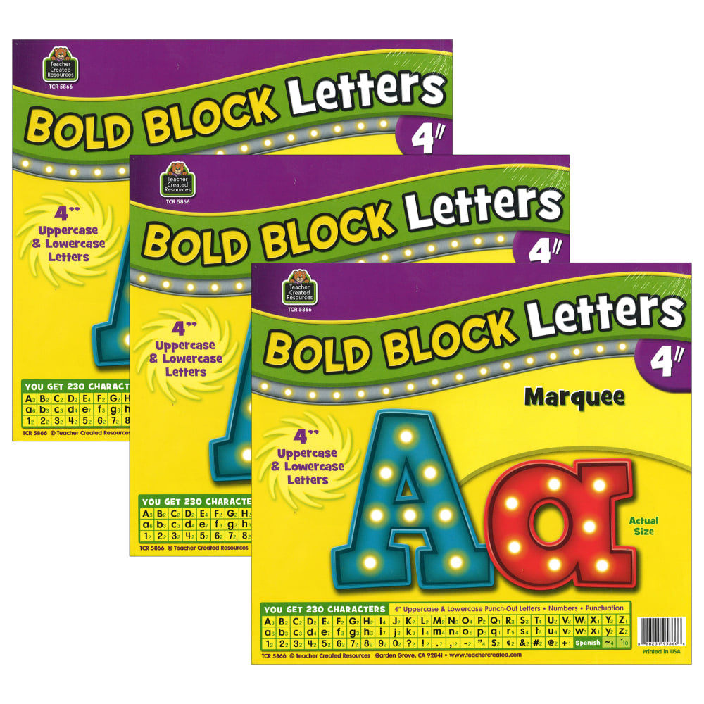 Teacher Created Resources 4in Letters, Marquee Bold Block, 230 Pieces Per Pack, Set Of 3 Packs