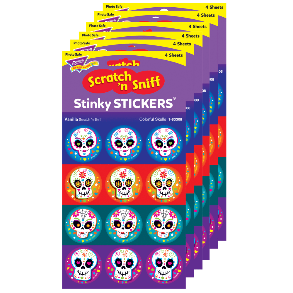 Trend Stinky Stickers, Colorful Skulls/Vanilla, 48 Stickers Per Pack, Set Of 6 Packs