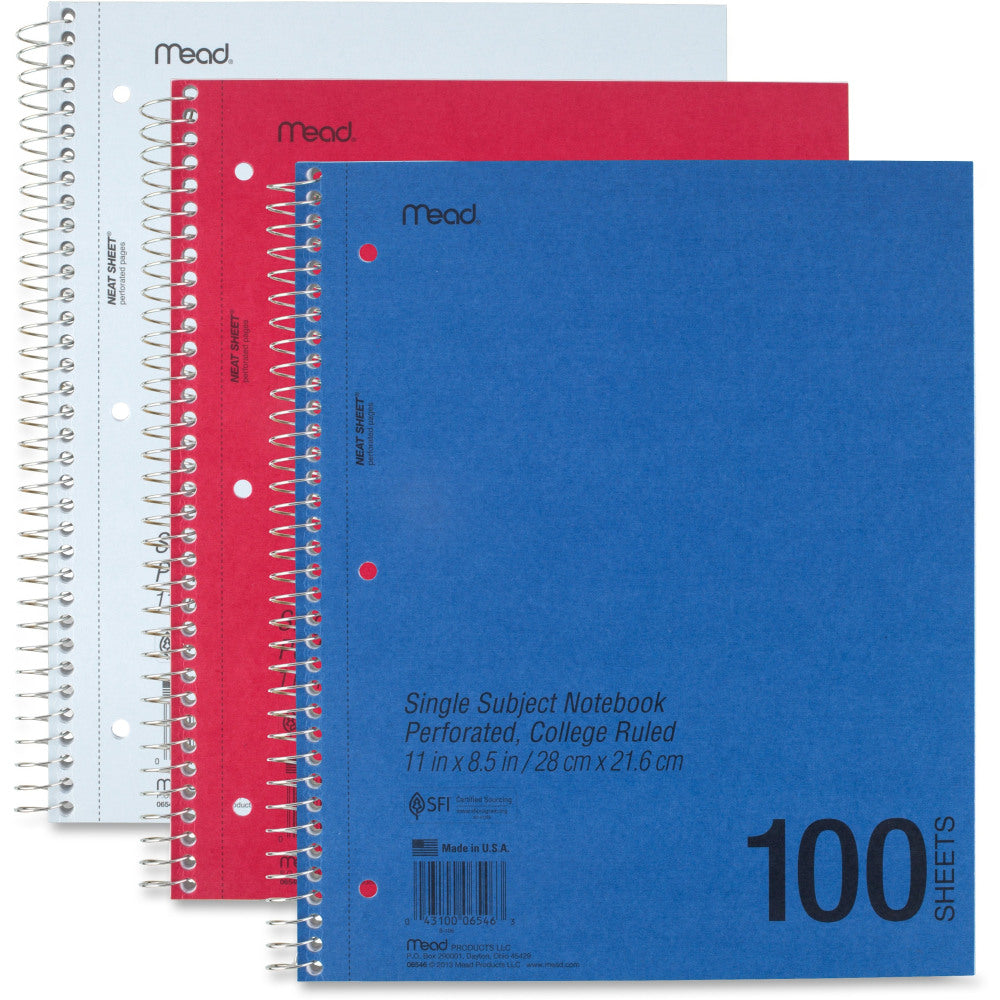 Mead Mid-Tier Notebook, 8-1/2in x 11in, 1 Subject, College Rule, 100 Sheets, Assorted