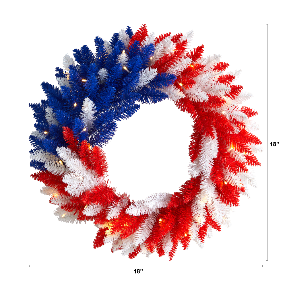 Nearly Natural Patriotic Americana 18inH Artificial Wreath With 20 LED Lights, 18inH x 18inW x 3inD, Red/White/Blue