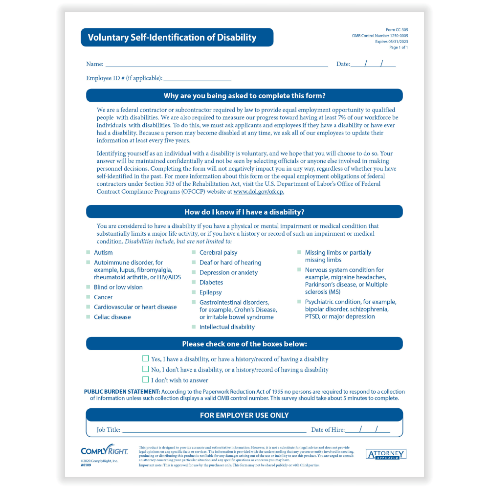 ComplyRight Voluntary Self-Identification Of Disability Forms, 8-1/2in x 11in, Pack Of 25 Forms