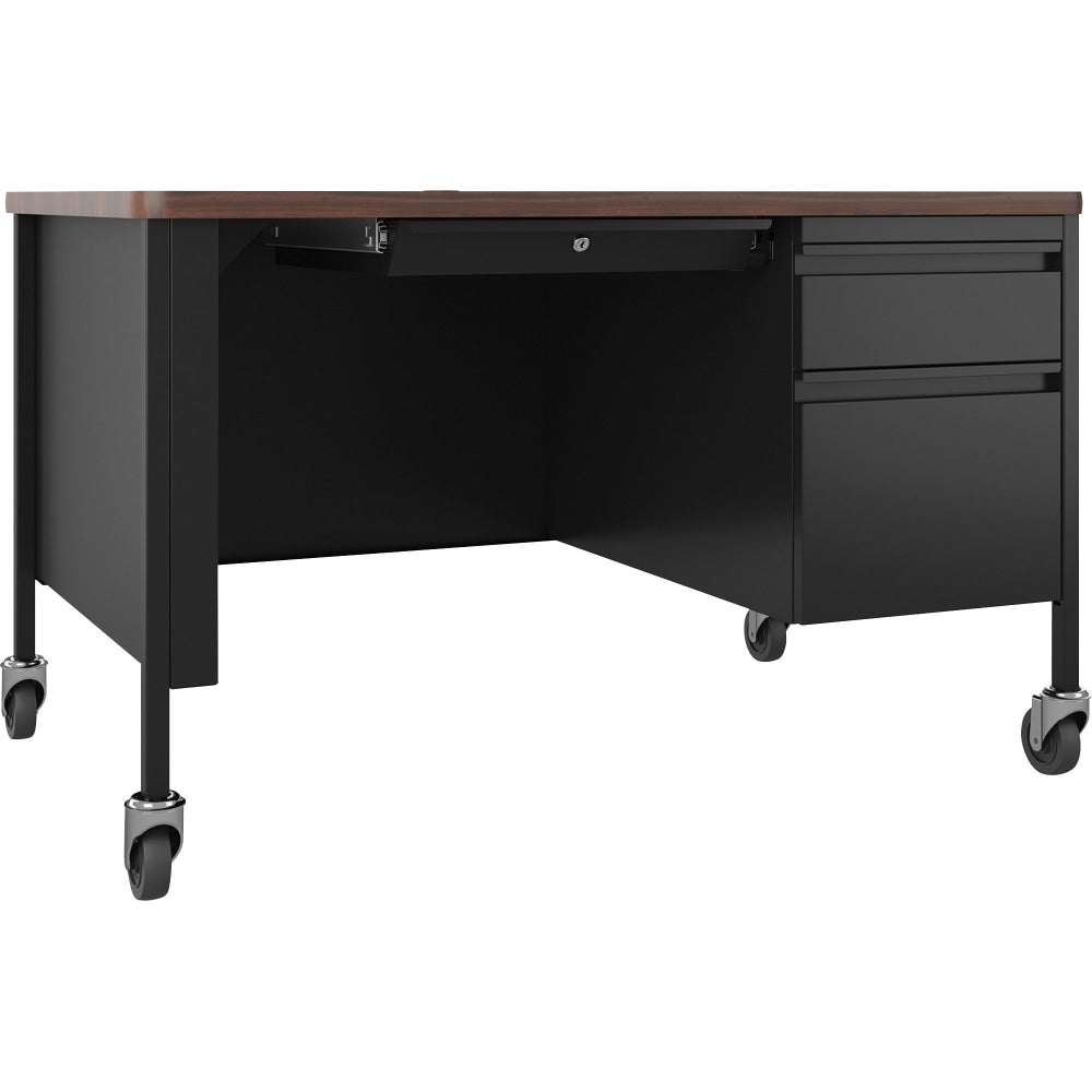 Lorell Fortress 48inW Steel Right-Pedestal Mobile Teachers Computer Desk, Black/Walnut