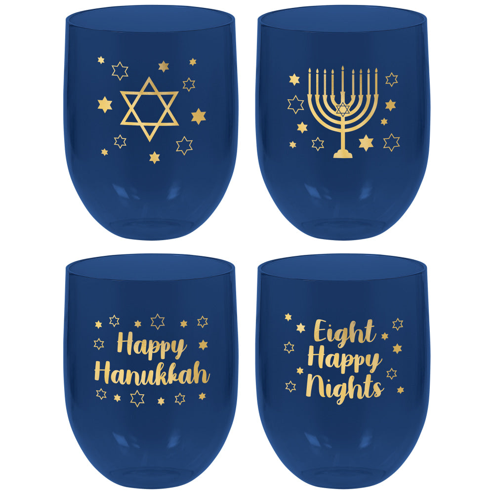 Amscan 350578 Hanukkah Stemless Drinking Glasses, 15.2 Oz, Blue, Set Of 4 Glasses