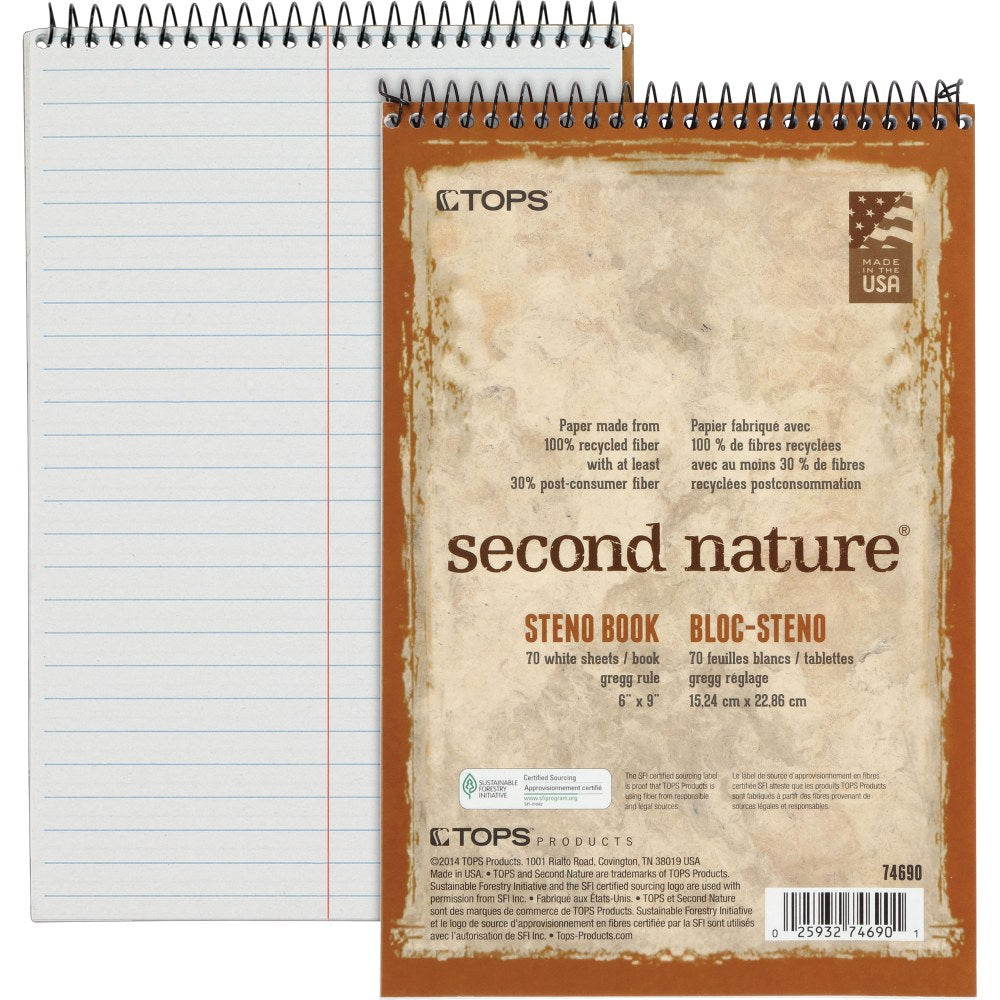 TOPS Second Nature Spiral Steno Notebook - 70 Sheets - Spiral - 0.34in Ruled - 15 lb Basis Weight - 6in x 9in - 1in x 6in9in - White Paper - Blue, Gray, Brown Cover - Acid-free - Recycled - 4 / Pack