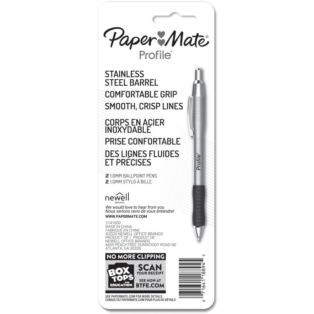 Paper Mate Profile Metal Barrel Ballpoint Pens, Medium Point, 1.0 mm, Silver Barrel, Blue Ink, Pack Of 2 Pens