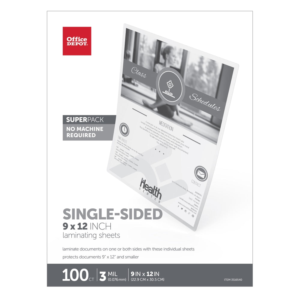 Office Depot Brand Single-Sided Self-Sealing Laminating Sheets, 9in x 12in, 3 Mil, Clear, Pack Of 100 Sheets