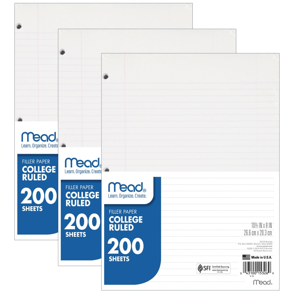 Mead Notebook Filler Paper, 8in x 10-1/2in, College Ruled, 200 Sheets Per Pack, Case Of 3 Packs