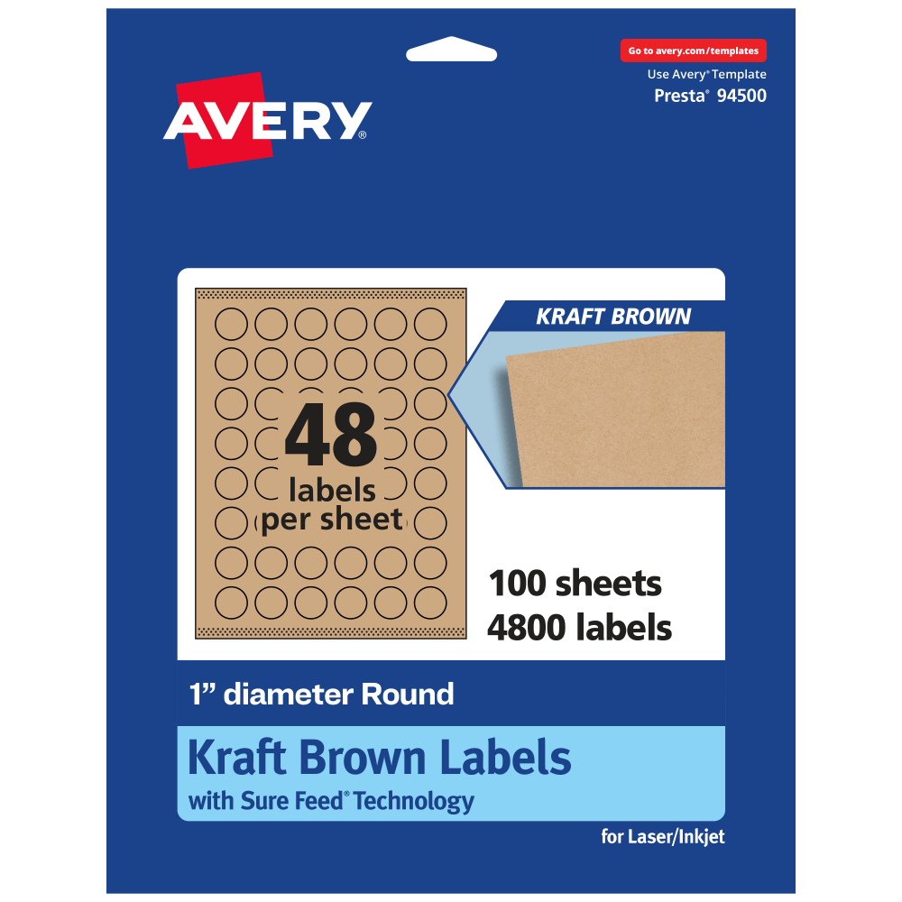 Avery Kraft Permanent Labels With Sure Feed, 94500-KMP100, Round, 1in Diameter, Brown, Pack Of 4,800