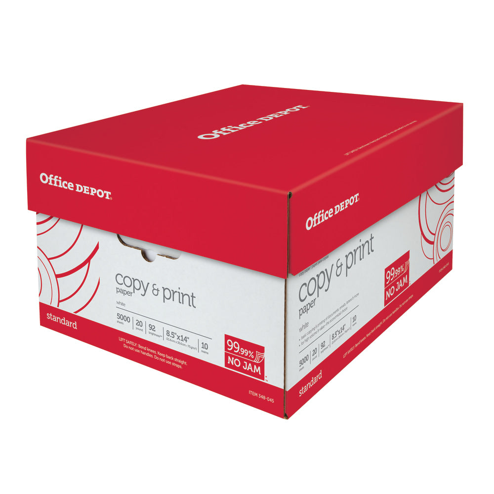 Office Depot Multi-Use Printer & Copy Paper, White, Legal (8.5in x 14in), 5000 Sheets Per Case, 20 Lb, 92 Brightness, Case Of 10 Reams