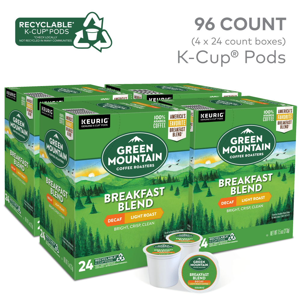 Green Mountain Coffee Single-Serve Coffee K-Cup, Decaffeinated, Breakfast Blend, Carton Of 96, 4 x 24 Per Box