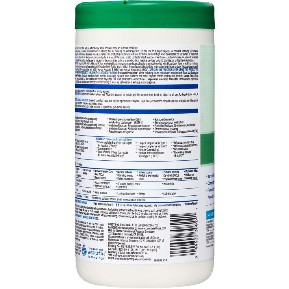 Clorox Healthcare Hydrogen Peroxide Disinfecting Wipes, 9in x 6 3/4in, Canister Of 95 Wipes