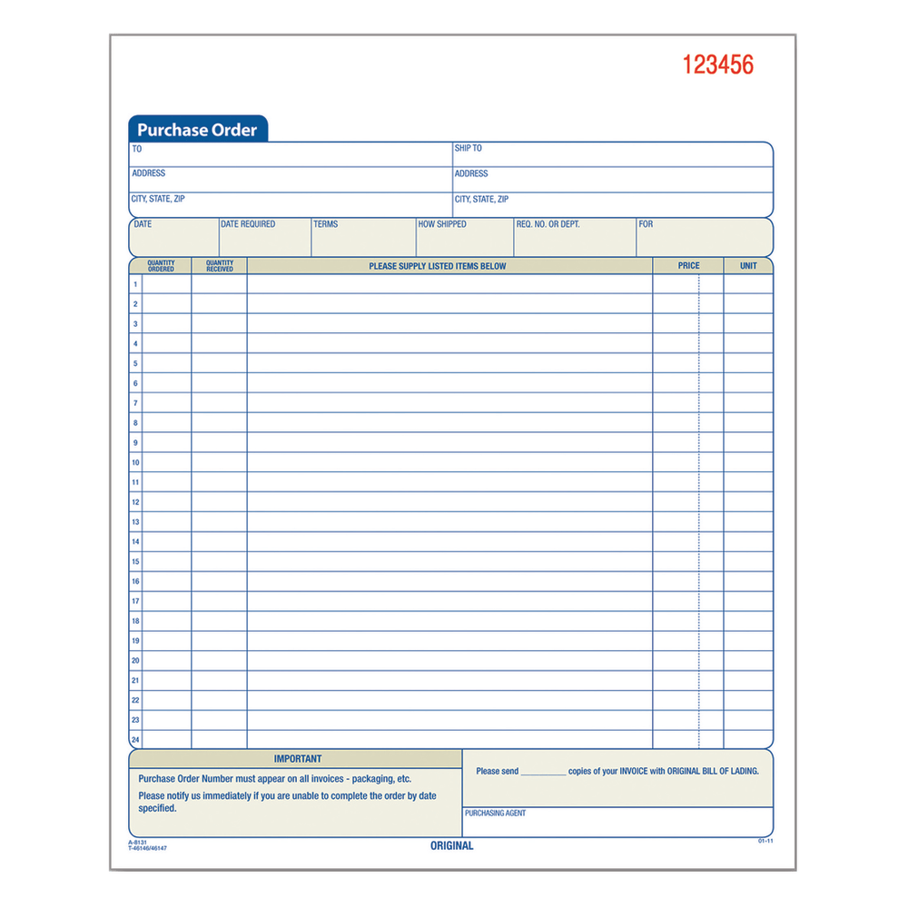 Adams Carbonless Purchase Order Book, 8 3/8in x 10 11/16in, 3-Part, 50 Set Pad