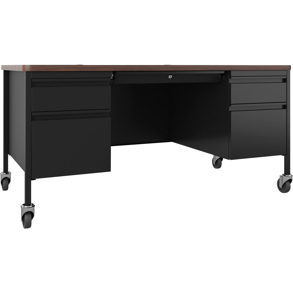 Lorell Fortress 60inW Double-Pedestal Mobile Teachers Computer Desk, Black/Walnut