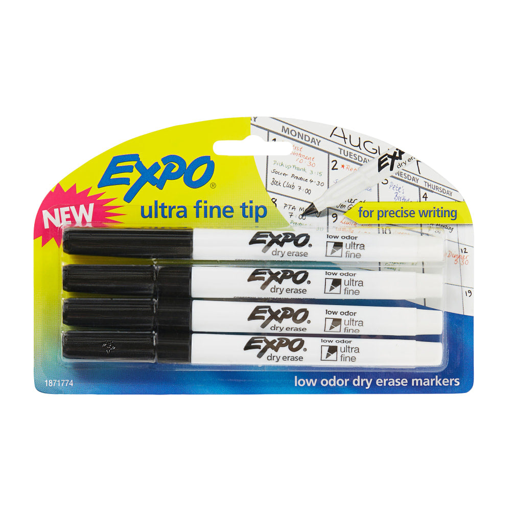 EXPO Low-Odor Dry-Erase Markers, Ultra-Fine Point, Black, Pack Of 4