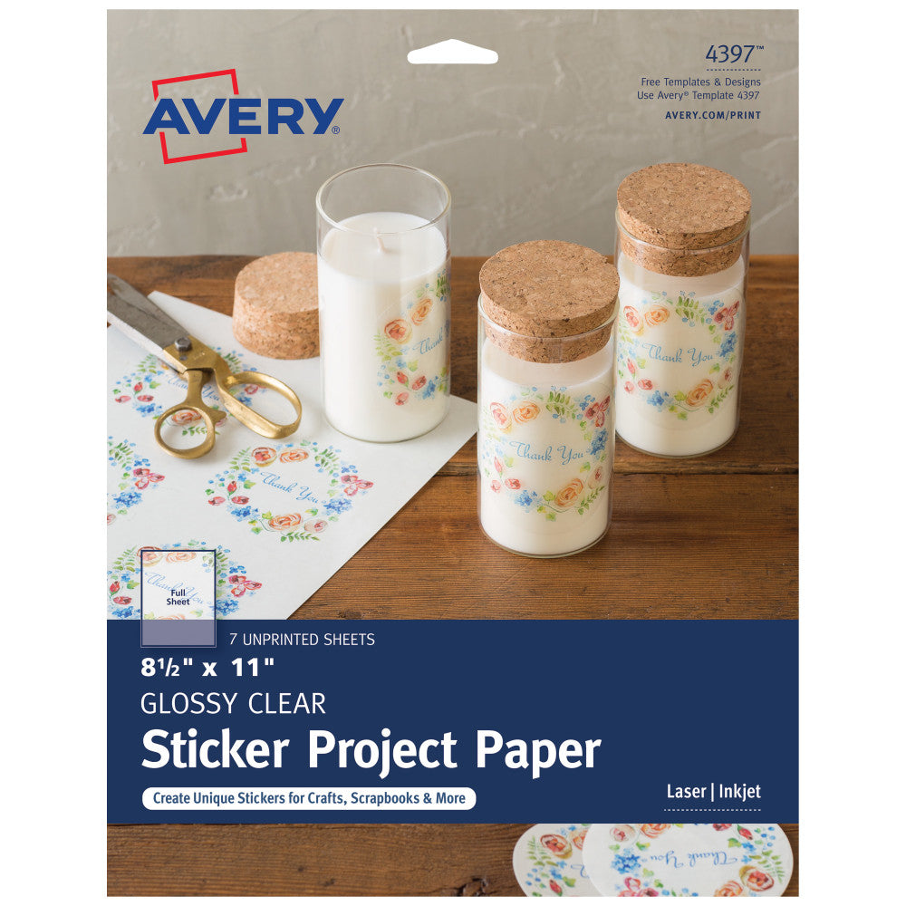 Avery Printable Sticker Paper For Laser & Inkjet Printers, 8.5in x 11in, Glossy Clear, 7 Craft Paper Sheets