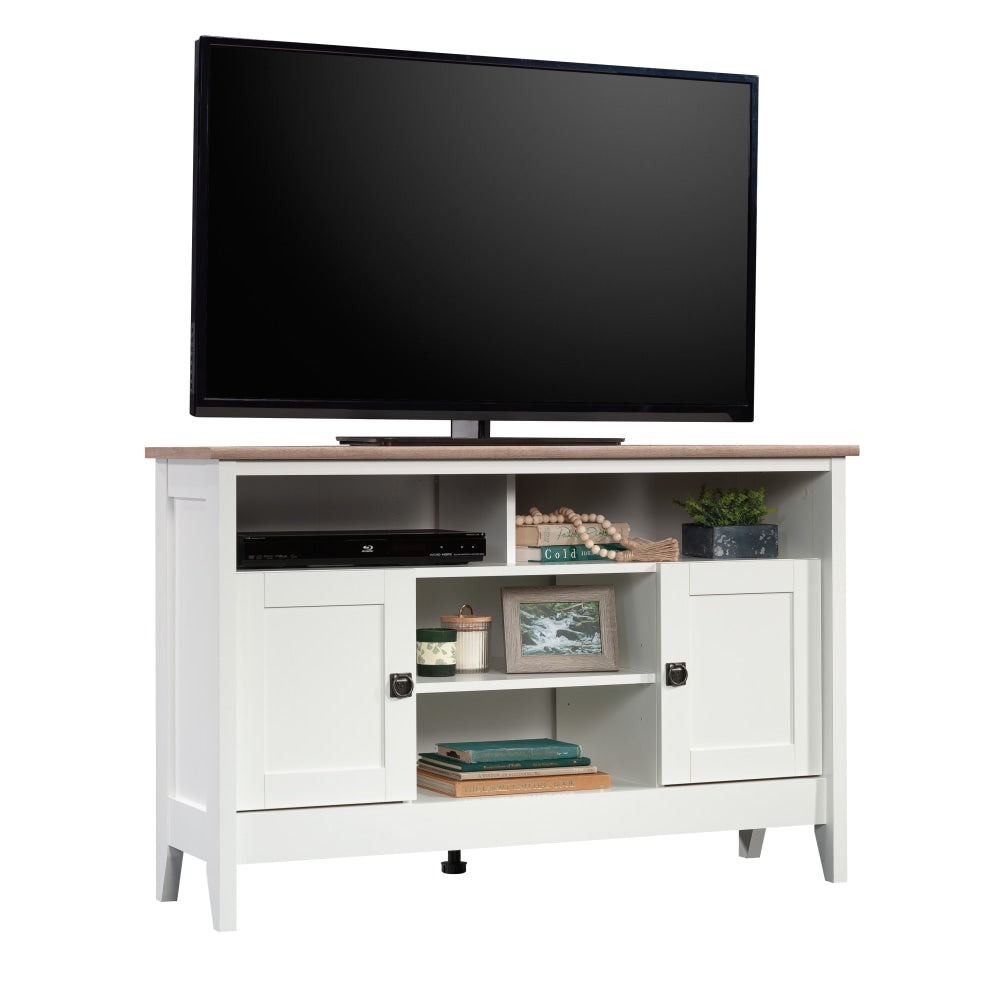 Sauder August Hill Corner Entertainment Stand, 30-1/8inH x 47inW x 19-1/2inD, Soft White/Lintel Oak