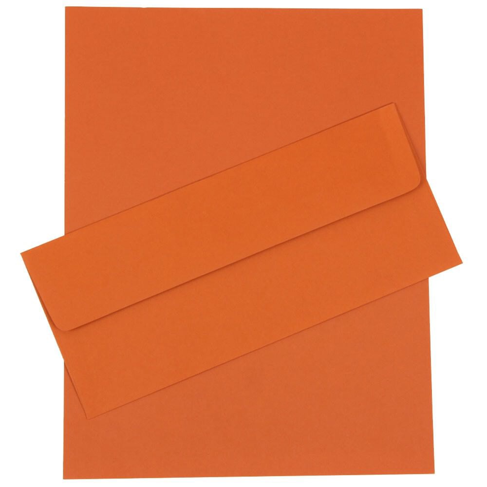 JAM Paper Business Stationery Set, 8 1/2in x 11in, Dark Orange, Set Of 50 Sheets And 50 Envelopes