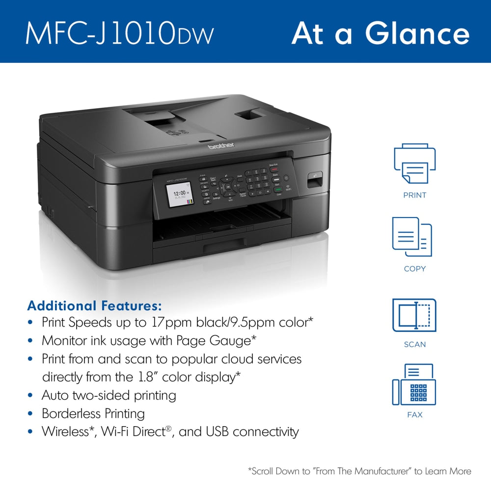 Brother MFC-J1010DW Wireless Inkjet All-in-One Color Printer With Refresh EZ Print Eligibility