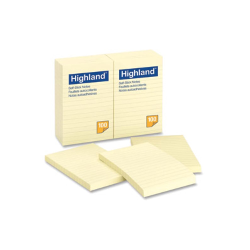 Highland Self-stick Lined Notes - 1200 - 4in x 6in - Rectangle - 100 Sheets per Pad - Ruled - Yellow - Paper - Self-adhesive - 12 Pad