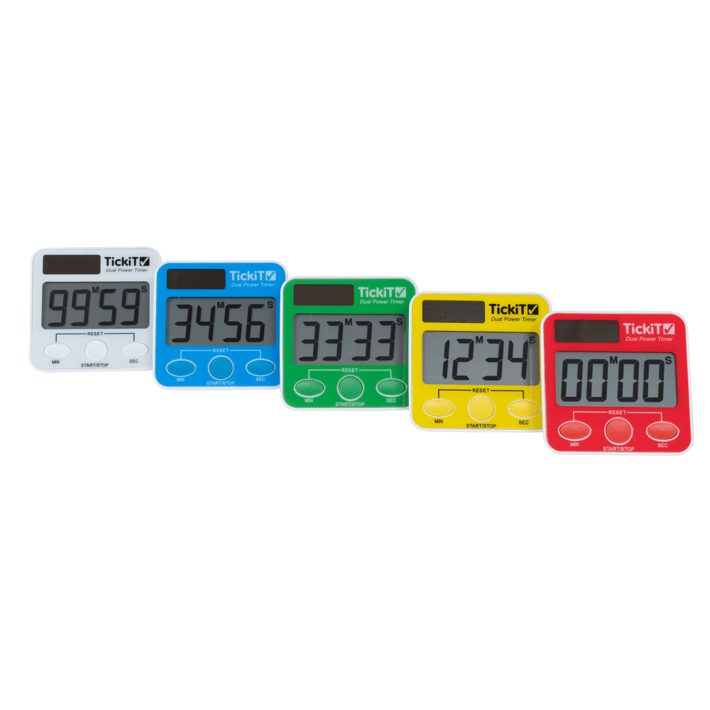 Learning Advantage Dual Power Timers, 2-9/16inH x 2-9/16inW x 1/2inD, Assorted Colors, Pack Of 5 Timers