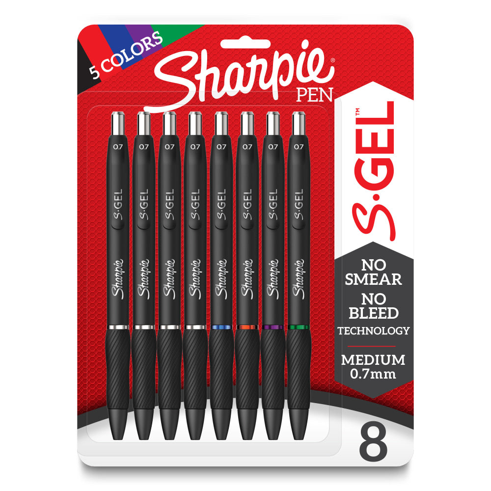 Sharpie S Gel Pens, Medium Point, 0.7 mm, Black Barrel, Assorted Ink, Pack Of 8 Pens