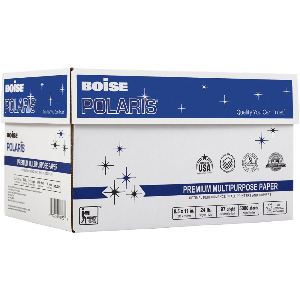 Boise POLARIS Premium Multi-Use Printer & Copy Paper, White, Letter (8.5in x 11in), 5000 Sheets Per Case, 24 Lb, 97 Brightness, FSC Certified, Case Of 10 Reams