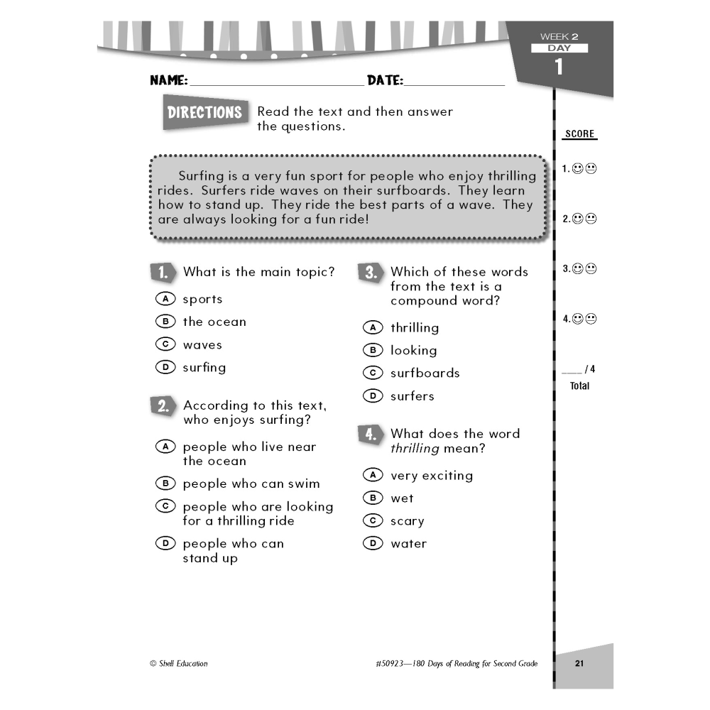 Shell Education 180 Days Of Reading Workbook, Grade 2