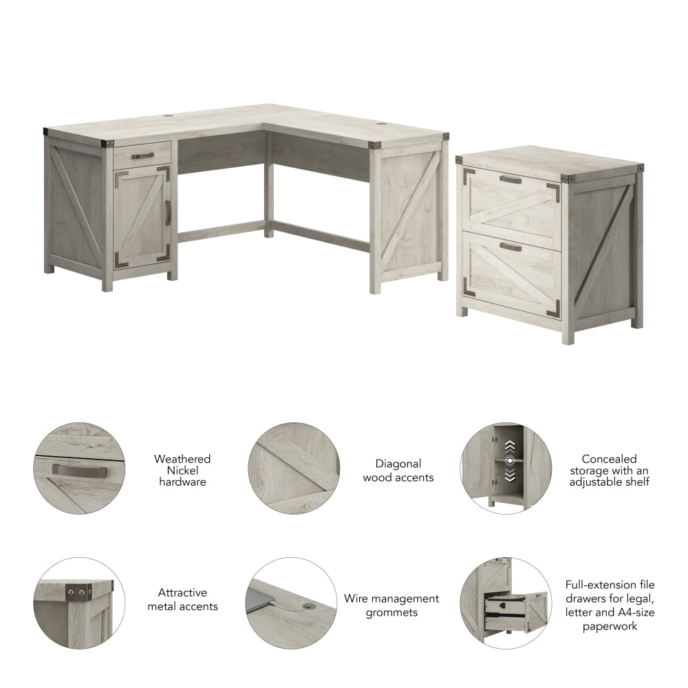 Bush Furniture Knoxville 60inW L-Shaped Corner Desk With 2 Drawer Lateral File Cabinet, Cottage White, Standard Delivery